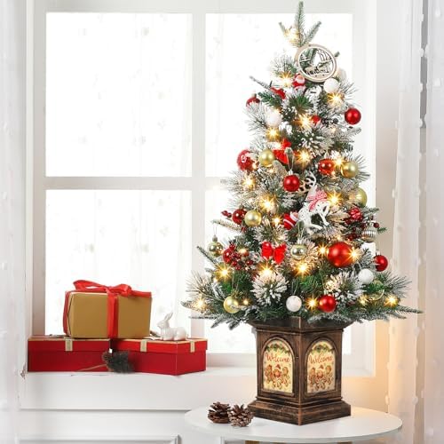 3ft Prelit Snow Flocked Christmas Tree with Light Up Gingerman Box Base
