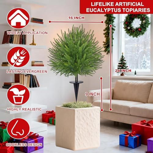 2 Pack 24'' Artificial Norfolk Christmas Topiary Ball Trees, Realistic Norfolk Pine Topiary with Spike Fake Ball Shrubs Plants Christmas Pot Fillers Outdoor Front Porch Door Garden Yard Decorations