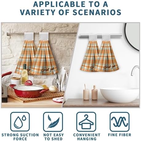 Fall Autumn Hand Towel with Hanging Loop Set of 2 Thanksgiving Country Orange Hanging Kitchen Towels Checkered Plaid Tartan Dishcloth Fingertip Bath Tie Towels for Bathroom Farmhouse Decor
