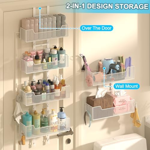 Hongtamoya Over The Door Organizer, Metal Hanging Door Organizer with 6 Adjustable Baskets and 5 Hooks, Behind The Door Storage for Closet Cabinet Kitchen Bathroom Bedroom Pantry Door Organizer, White