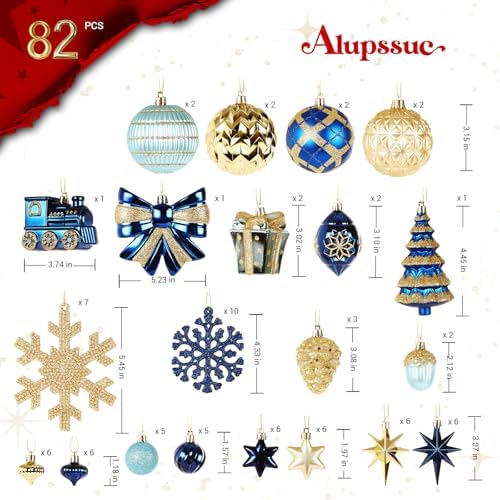 Alupssuc 82pcs Classic Christmas Balls Ornaments Set, Blue and Gold