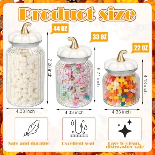 Mimorou 3 Set Pumpkin Glass Jar with Pumpkin Airtight Ceramic Lid 44 oz 33 oz 22oz Fall Clear Candy Jar Food Storage Canister for Thanksgiving Party Tea Cookie Table Decoration (White and Gold,Autumn)