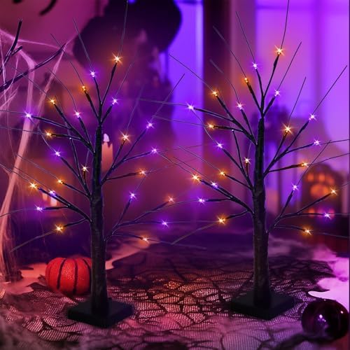 Halloween Decorations Indoor, 2 Pack 2FT Lighted Black Tree with Timer