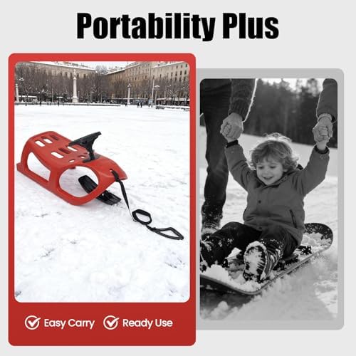 Childrens Snow Sled with Steering Wheel, Single Rider Outdoor Winter Sleigh for Toddlers Kids, Includes Pull Rope, Durable Blow Molded Construction, Red