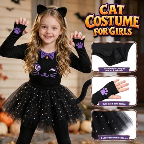 GIFTINBOX Halloween Black Cat Costume for Girls Kids, Light Up Outfit Set