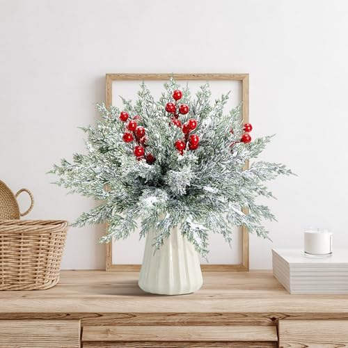 45 Pcs Artificial Christmas Snow Pine Branches Red Berry Stems Faux Sprig