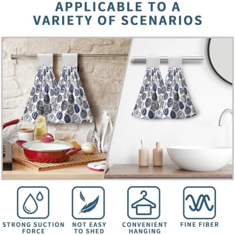 Fall Blue White Pumpkin Kitchen Towels with Hanging Loop Autumn Thanksgiving Chinoiserie Pumpkins Hanging Hand Towels Set of 2 Seasonal Dish Tie Towel Soft Absorbent Bath Towel