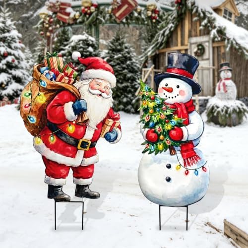 BRIGHTDECK 2 Pack Christmas Snowman Santa Yard Signs Outdoor Decorations
