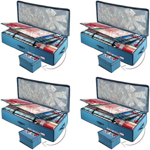Hearth & Harbor Wrapping Paper Storage Container - Christmas Storage Bag with Ribbon Dispenser and Interior Pockets - Gift Wrap Organizer Fits Up to 26 Rolls of 40" Length, Blue, Large (Pack of 4)