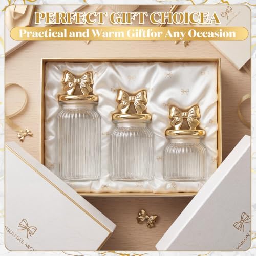 Mimorou 3 Set Gold Bow Candy Glass Jars with Ceramic Lids 44oz 33oz 22oz Summer Bow Cookie Jars Airtight Glass Food Storage Containers for Spring Summer Party Tea Cookie Snacks Sugar