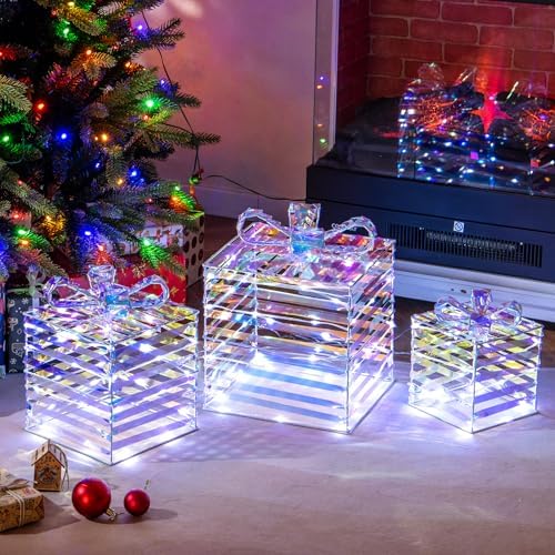 Tangkula Set of 3 Christmas Lighted Gift Boxes, Christmas Decorations