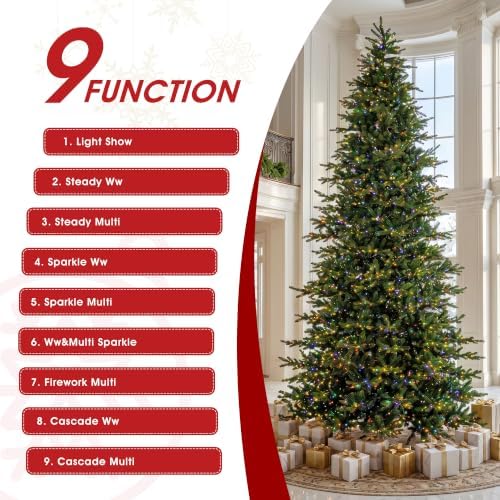 Glitzhome 15ft Prelit Artificial Christmas Tree, Vibrant Evergreen Fir with 5,000 Warm White/Multi-Color Chasing and Twinkling Lights, 13,459 PE&PVC Branch Tips, 9 Function w/Foot Pedal, Simple Setup