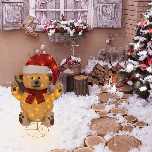 Lighted Christmas Bear Decorations, Pop-Up Bear Outdoor Yard Woodland Christmas Decor Prelit 70 Lights, Collapsible Lighted Bear Wears Santa Hat for Home Porch Yard Christmas Valentines Day-Brown
