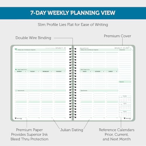 Planner Pad Spiral Bound January-December 2027/ Calendar Year 6 3/4" x 8 1/2" Medium 3-Tier Funnel Down 12 Month/Weekly Organizer, Greenish Grey Cover/Soft Green Ink