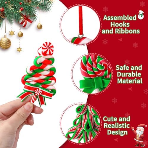AUGSUN 16Pcs Christmas Lollipop Ornaments, Candy Christmas Tree Decorations Colorful Mini Candy Cane Hanging Ornaments Polymer Clay Peppermint Pendants for Xmas Tree Party Home Decorations