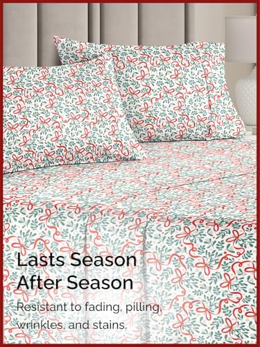 Christmas Sheet Set, Holiday Ribbon, Holiday Xmas Bedding Set - Queen Size