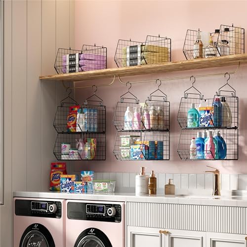 X-cosrack 5 Tier Closet Hanging Organizer, Clothes Hanging Shelves with 4 Hanging Hooks 5 S Hooks, Wire Storage Basket Bins, for Clothing Sweaters Shoes Handbags Clutches Accessories Patent Design