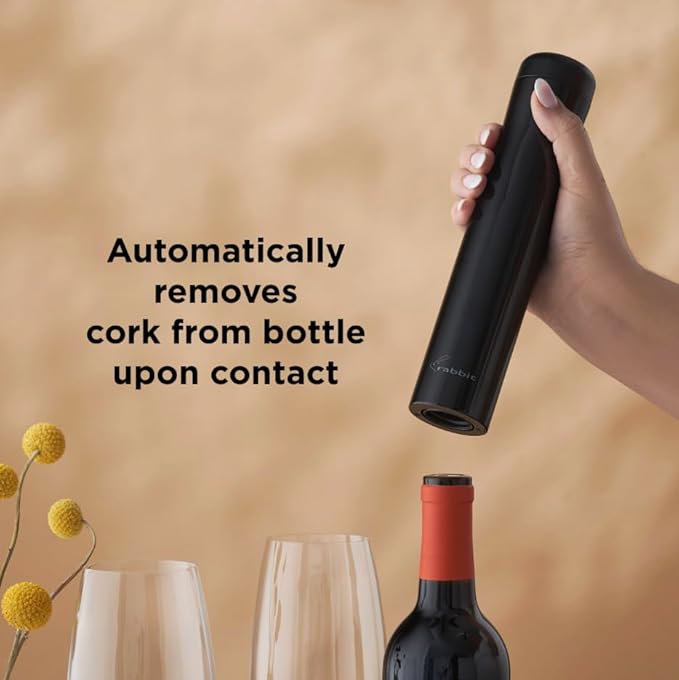 Rabbit Automatic Electric Corkscrew Wine Opener, Cordless Rechargeable, One-Touch Operation, Sleek Shiny Black Finish, Easy to Use for Wine Lovers