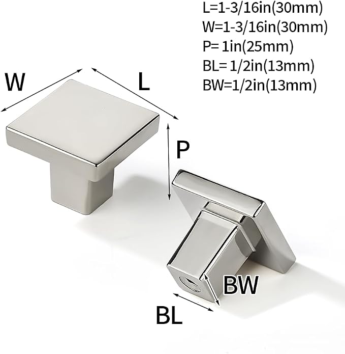 khtumeware 10 Pack Polished Nickel Cabinet Knobs 1-1/4 inch(32mm) Solid Heavy Duty Square Bi-Fold Door Knob for Kitchen Bathroom and Dressing Table