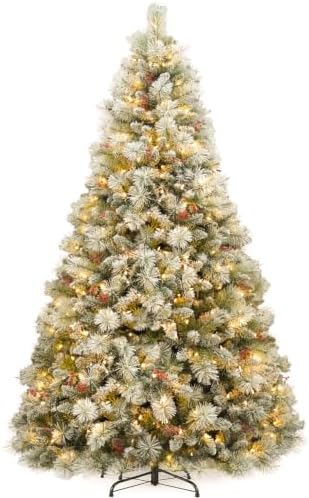 Hykolity 7.5ft Prelit Flocked Christmas Tree with Pine Needle and Brerries
