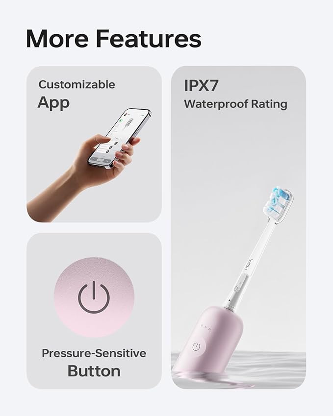 Laifen Wave Electric Toothbrush, Oscillation & Vibration, IPX7 Waterproof Magnetic Rechargeable Travel Sonic Electric Toothbrush for Adults with 3 Brush Heads (Pink Aluminum Alloy)