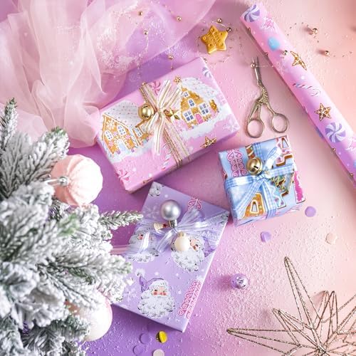 WRAPAHOLIC Christmas Wrapping Paper Set - Pastel Pink Purple Gingerbread House and Santa Wrapping Paper with Embossed Bundle with Gift Bow & Ribbon & Tag & Sticker