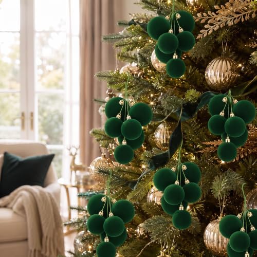 Roowest 8 Sets Large Green Velvet Christmas Ball Clusters Ornaments Decor