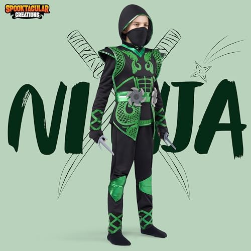 Spooktacular Creations Green Ninja Costume Set, Ninja Jumpsuit with Foam Accessories for Boys Halloween Outfit for Ideas Cosplay Party (Large, 10-12 yrs)