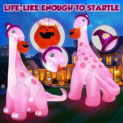 zukakii 13FT Giant Halloween Inflatables Decorations Outdoor Pink Dinosaur, Huge Halloween Blow Up Yard Decorations Dino with Large Pumpkin Witch Hat Build-in LED Light Strong Blower for Party Lawn