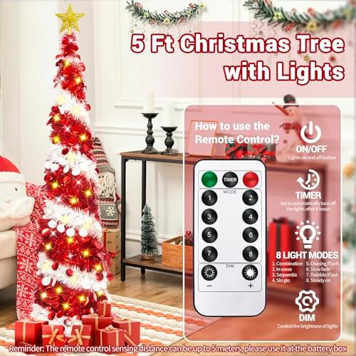 HISFFOG 5FT Pop Up Christmas Tree with 8 Rmote Lights Modes - Dual Color Sequin Tinsel Christmas Tree, Collapsible Artificial Pencil Christmas Trees Decorations for Home, Apartment, Office, Party