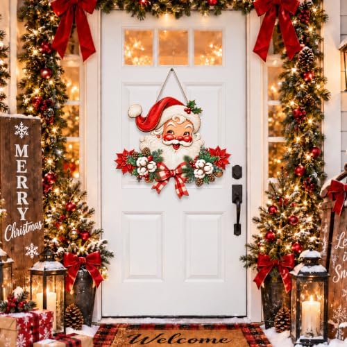 Christmas Decorations Vintage Santa Hanging Wood Sign for Front Door Decor