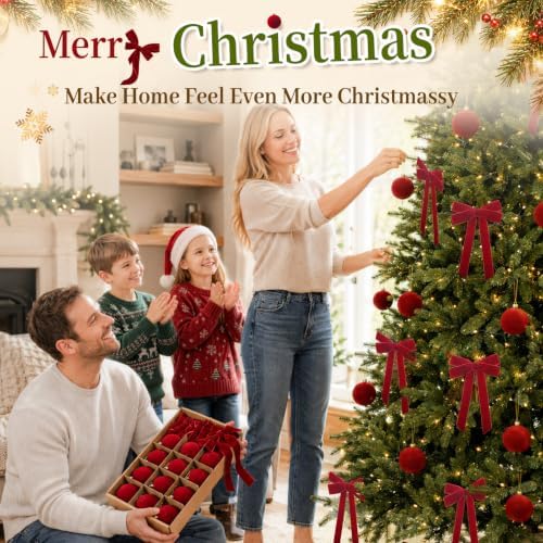 24 Pcs Red Velvet Christmas Tree Decor Set, Balls 3.15" and Bows 6" x 9"