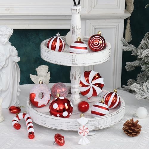 105Ct Red and White Christmas Ornaments Set Shatterproof Candy Cane Theme Decorations for Xmas Tree, Donut Polka Dot Assorted Ornaments for Holiday Festival Family Decor (Red&White)