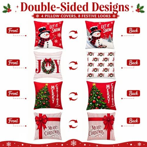 Christmas Decorations - Set of 4 Double-Sided Print Christmas Pillow Covers