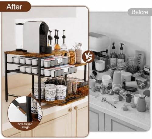 Coffee Station Organizer, Countertop Coffee Bar Holder with 3 Drawers,60 Compatible with K Cups Coffee Pods, Capsules, Rustic Storage for Tea Bags, Syrup Rack, Kitchen, Apartment, Home, Office