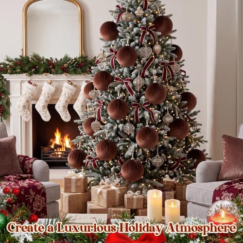 Weysat 6 PCS 8" Extra Large Velvet Christmas Ball Ornaments, Brown