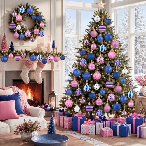 Lunmon 64 Pcs Blue Pink Christmas Ball Ornaments Set Cartoon Xmas Baubles