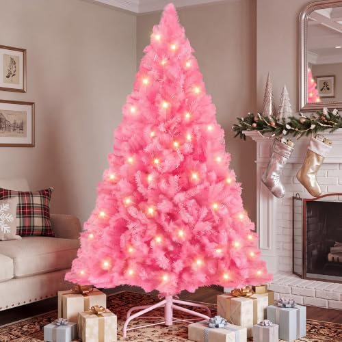 DUMOS 6 Ft Pre-lit Christmas Tree, Pink Artificial Xmas Tree
