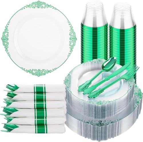 Hioasis 175 Pcs Clear Green Plates for Party