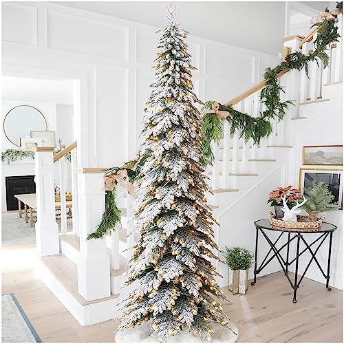 Glitzhome 11ft Pre-Lit Flocked Pencil Spruce Artificial Christmas Tree with 700 Warm White Lights, Large Xmas Chicago Frostwood Spruce Tree for Holiday Decorations