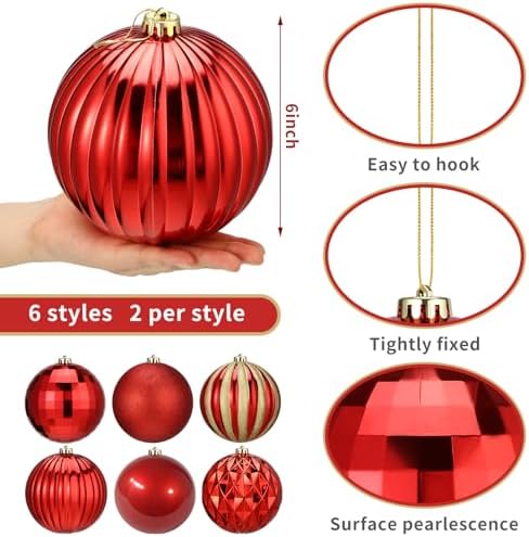 Poen 12 Pcs 6 Inch Elegant Christmas Ball Ornaments Shatterproof