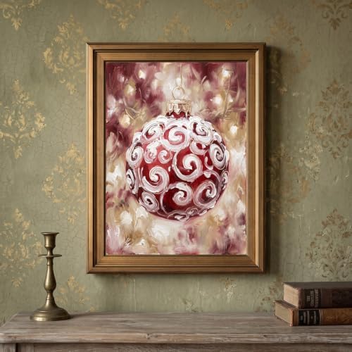Framed Canvas Wall Art Expressive Painterly Red Glass Ornament Red and White Snow Swirls Canvas Print Poster Gold Frame Wall Decor for Living Room Holiday Decor, Christmas Spirit - Inch 24x36