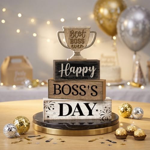 Moucuny 4 Pcs Boss Day Table Decorations Rustic Trophy Wooden Blocks Decor