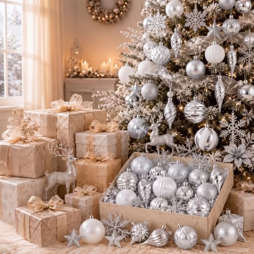 CroBlissful 118 Pcs Christmas Tree Ornaments Set Including Ornaments Balls, Hanging Snowflakes Icicle, Mesh Ribbon, Tree Top Star, Flower, Berries Stems for Xmas Trees Holiday Decor(Silver)