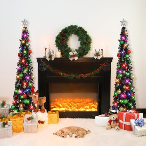 N&T NIETING Pop Up Black Tinsel Christmas Tree, 5Ft Collapsible with Lights & 30 Balls, Skinny Christmas Tree Decor for Holiday Xmas Home Office