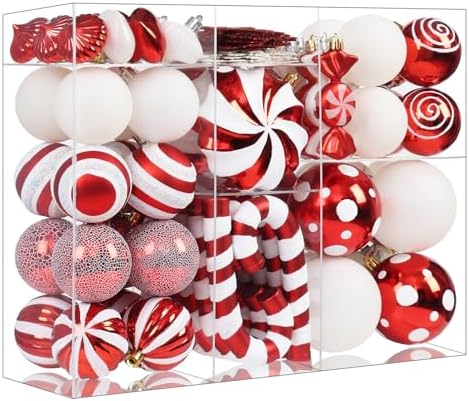 105Ct Red and White Christmas Ornaments Set Shatterproof Candy Cane Theme Decorations for Xmas Tree, Donut Polka Dot Assorted Ornaments for Holiday Festival Family Decor (Red&White)