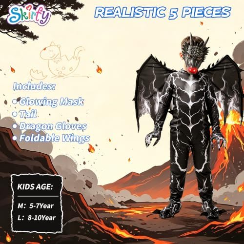 Kids Dragon Costume, Boys Dragon Halloween Costume with Mask, Wings & Tail