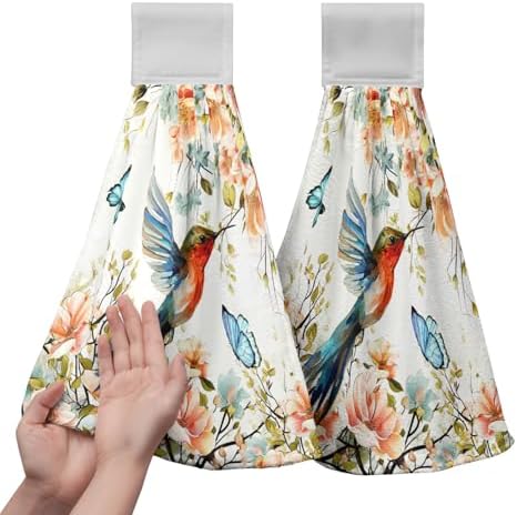 Floral Birds Hand Towels with Hanging Loops Garden Watercolor Floral Hummingbird Butterfly Hanging Kitchen Towels Set of 2 Spring Summer Soft Absorbent Bath Tie Towel Oven Stove Dish Washcloths