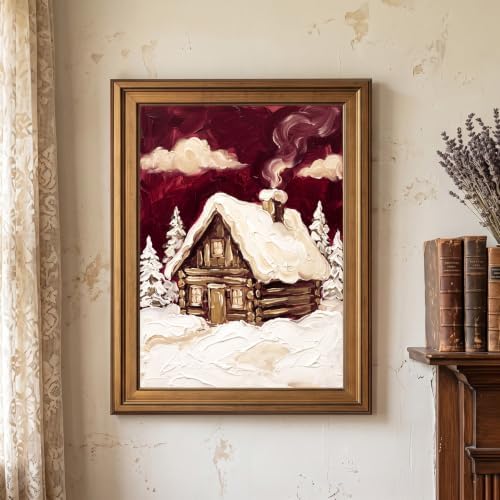 Framed Canvas Wall Art Expressive Winter Cozy Cabin Deep Red and Creamy White Impasto Canvas Print Poster Gold Frame Wall Decor for Living Room Rustic Art, Snowy Scene - Inch 16x20