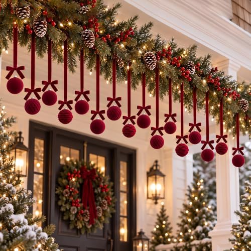 16 Sets Burgundy Velvet Christmas Ball Ornaments with Bow Ribbon, 35" Long